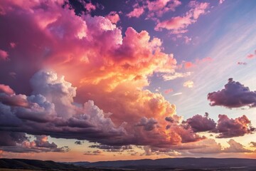 Naklejka premium Majestic Sunset Sky A breathtaking panorama of vibrant, colorful clouds illuminated by the golden rays of the setting sun, casting a warm glow across the landscape