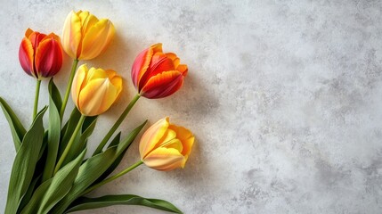 Colorful tulips in yellow, orange, and red arranged against a light stone background, ideal for greeting cards with space for personalized messages.