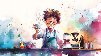 cartoon character Barista Watercolor