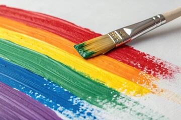 Fototapeta premium A paintbrush rests atop a vibrant spectrum of colors, creating a lively rainbow hue on the canvas