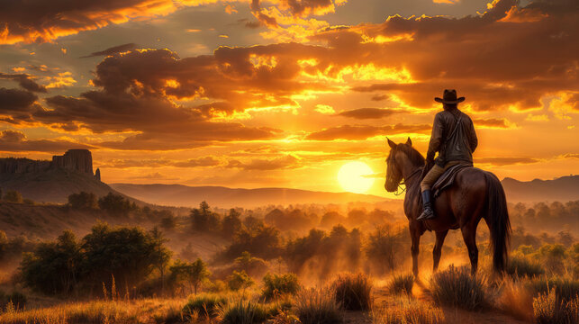 Sunset over western landscape with bandit riding on his horse
