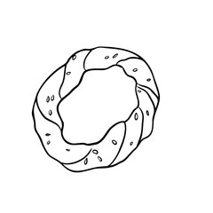 Simit black white vector illustration isolated. Turkish sesame ring hand drawn graphic sketch. Turkish crusted bagel, koulouri line art painted for design signage, cookbook, packaging, bakehouse.