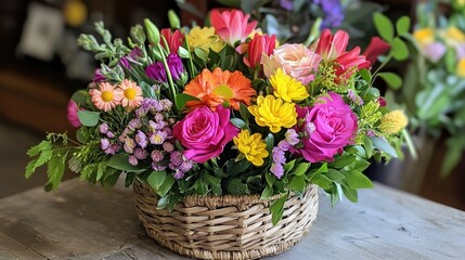 Obraz premium Vibrant spring flower arrangement in a woven basket featuring roses, daisies, and tulips, ideal for retail displays or delivery options.