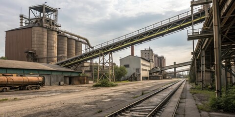 Naklejka premium A sprawling industrial complex showcasing aged silos, elevated conveyor belts, and railway tracks, a testament to heavy industry's past