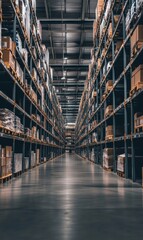 Obraz premium Vast Warehouse Interior, Organized Goods, Industrial Design