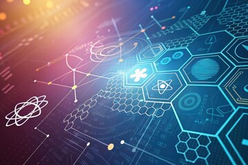 Obraz premium Abstract digital network data visualization with glowing hexagonal interfaces showing interconnected scientific and technological symbols