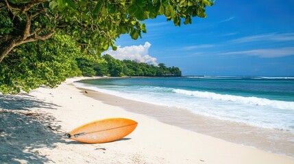 Surfboard on a tranquil sandy beach, surrounded by lush greenery and calm waves, highlighting a serene summer getaway and outdoor adventure.