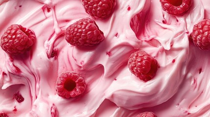 Vibrant pink yogurt swirled with fresh, ripe raspberries creating a deliciously colorful and inviting dessert presentation.