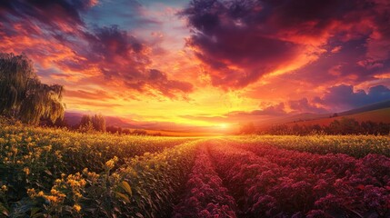 Vibrant orange plant field illuminated by a stunning sunset, showcasing a blend of colorful clouds and natural beauty in an organic garden setting.