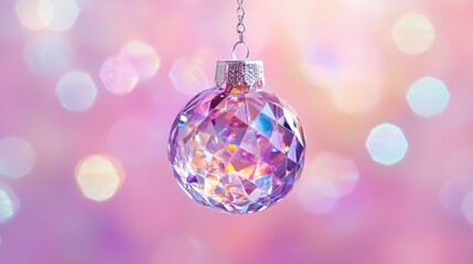 Fototapeta premium Crystal Christmas ornament reflecting vibrant colors, suspended against a bright, dreamy bokeh backdrop. Sparkling facets create a festive atmosphere.