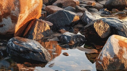 Vibrant rocky shoreline with hues of brown and orange, featuring smooth black stones reflecting sunlight and vivid splashes of color on the surface.