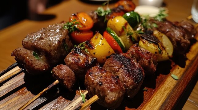 Grilled kebab skewers showcasing tender meats and vibrant vegetables garnished with herbs on a wooden serving platter.