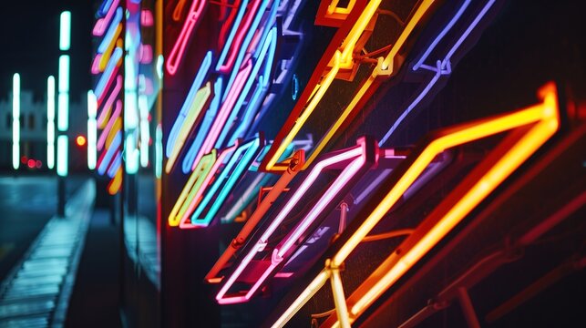 Bright Neon Light Lines Shaped as Arrows - a dynamic and futuristic visual. The vibrant neon glow and arrow shapes create a striking and modern design.