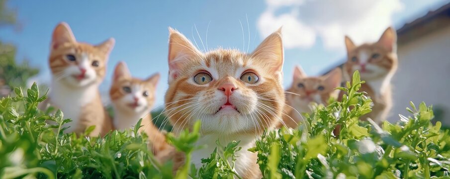 Cat advertise healthy concept. Ad featuring a group of active cats playing in a lush field, emphasizing community and shared healthy food benefits