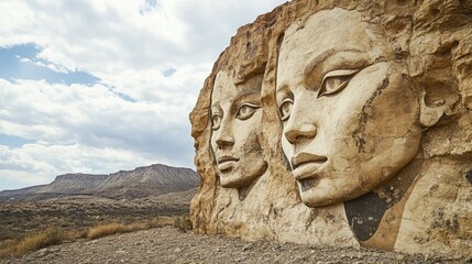 Fototapeta premium Carved rock sculptures featuring large, detailed portraits of two women against a dramatic sky and mountainous landscape.