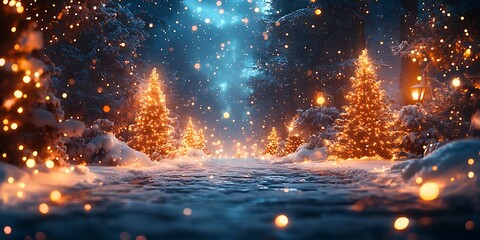 Naklejka premium Enchanting Snow-Covered Trees Adorned with Lights