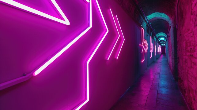 Bright Neon Light Lines Shaped as Arrows - a dynamic and futuristic visual. The vibrant neon glow and arrow shapes create a striking and modern design.