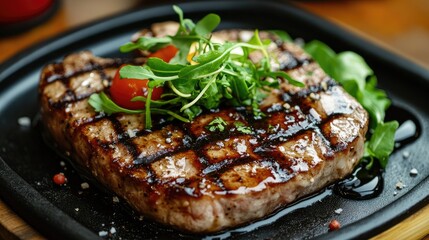 Elegant grilled steak garnished with fresh greens and cherry tomatoes, served on a stylish black plate with a rich sauce drizzle.