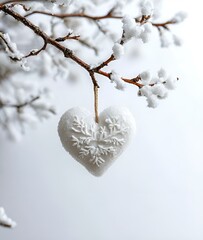 A snowflake in the shape of snow is hanging on a tree branch, heart on snow