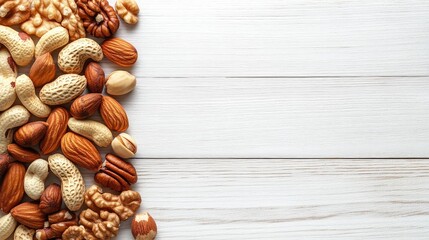 Mixed nuts on a white wooden table. top view. 