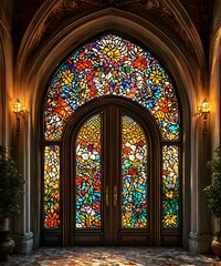 Large stained glass door, stained glass window in church