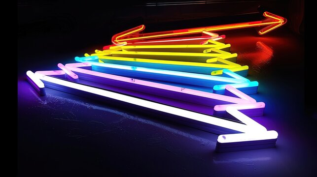 Bright Neon Light Lines Shaped as Arrows - a dynamic and futuristic visual. The vibrant neon glow and arrow shapes create a striking and modern design.