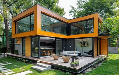 Modern container dwelling with trendy design, bold color highlights, bright and airy interiors, and generous sunlight entering through expansive windows on a summer day.