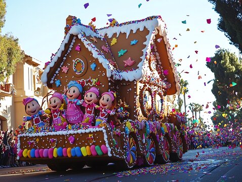 Magical kawaii parade featuring a massive gingerbread house float with smiling cartoon characters, rainbow-colored confetti