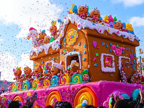Magical kawaii parade featuring a massive gingerbread house float with smiling cartoon characters, rainbow-colored confetti