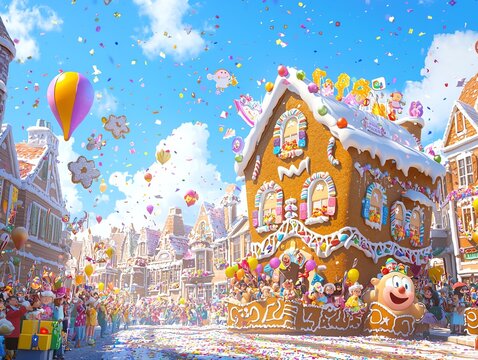 Magical kawaii parade featuring a massive gingerbread house float with smiling cartoon characters, rainbow-colored confetti
