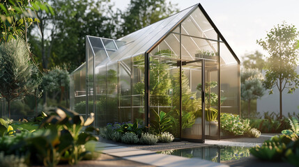 a glass house with plants inside 