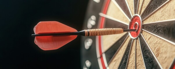 Slowmotion closeup of dart tip hitting bullseye, dramatic lighting highlighting accuracy