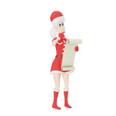 Cartoon Santa Claus Girls Art. A tall female Santa Claus master stands with her left hand holding a long paper containing a list and her right hand on her chin. 3D Illustration Style