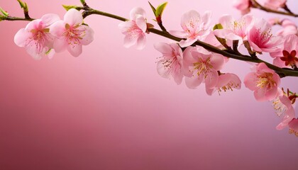 Fototapeta premium Delicate Pink Blossoms: A branch of soft pink cherry blossoms gently graces a delicate pink background, creating a serene and romantic atmosphere.