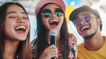 Young adult group of three friends are singing and having fun at an indoor party,Generative AI