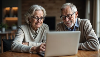 Smiling elderly couple enjoying a video call on a laptop at home