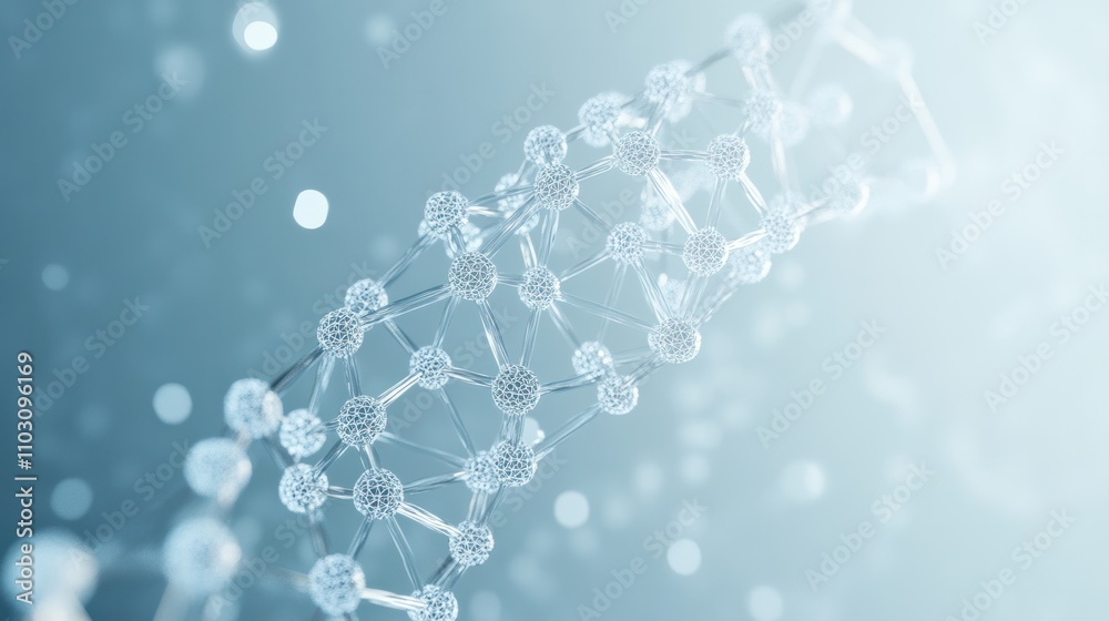 Poster a dna strand with transparent hexagonal elements interlinked around it in a network pattern on a lig