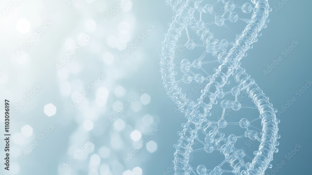 Poster a dna strand with transparent hexagonal elements interlinked around it in a network pattern on a lig