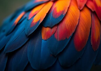 Obraz premium Vibrant blue and orange feathers of a tropical bird captured up close in nature