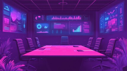 A futuristic conference room with digital displays and a modern design.