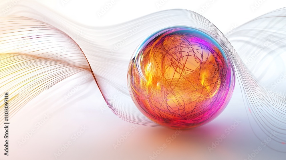 Poster a quantum particle represented by a glowing orb, surrounded by intricate lines and wave patterns ill
