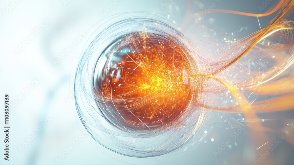 Poster a quantum particle represented by a glowing orb, surrounded by intricate lines and wave patterns ill