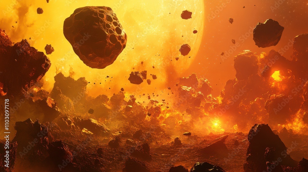 Canvas Prints massive asteroid in shadow over distant planet atmosphere