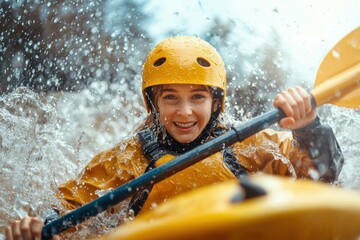 A young person smiles while kayaking through splashing water, wearing a yellow helmet and a waterproof jacket, showcasing the thrill of adventure sports.