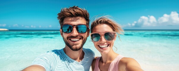 Obraz premium Happy Couple Taking Selfie at Tropical Beach Under Clear Blue Sky