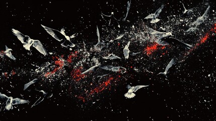 A flock of birds in flight dispersing into abstract splatters and particles on a black background their forms gradually