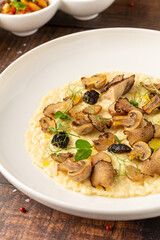 Porcini mushroom risotto in a white porcelain plate, risotto ai funghi porcini