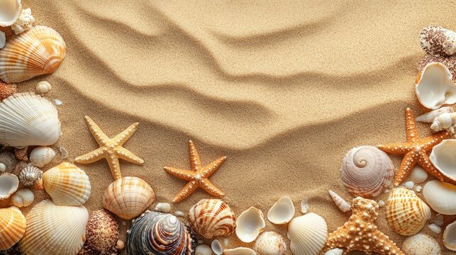 A sandy beach with collection of a seashells and starfish as natural textured background. Top view - Powered by Adobe