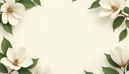 Background with an Elegant White Magnolia Frame and Soft Green Leaves Surrounding a Pale Ivory Center, Timeless and Tranquil