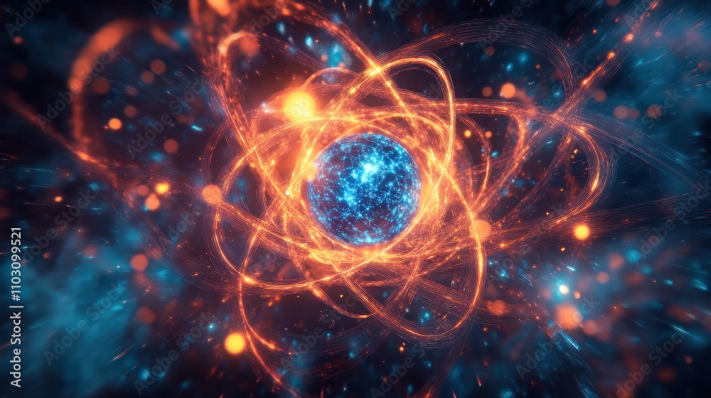 Poster a glowing quantum particle suspended in space surrounded by a field of energy with intricate pattern